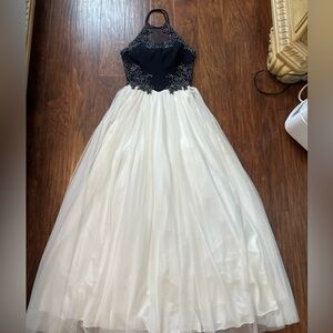 Elegant Black and White Gown with Beaded Bodice